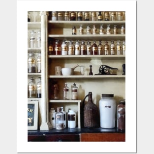 Pharmacists - Mortar and Pestle and Bottles on Shelves Posters and Art